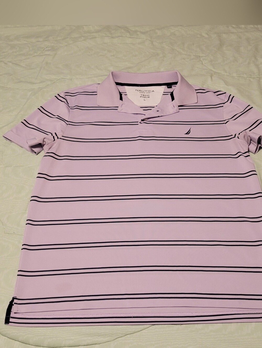 Nautica Men’s Tech Pique Light Lavender Polo with Navy Stripes